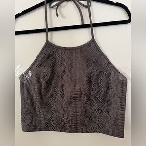 Guess plum/brown snake skin pattern cropped halter top, side zipper, Large